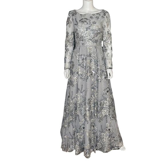 Mac Duggal 11185 Floral Long Sleeve A-Line Gown Platinum Women’s Sz 8 - Picture 2 of 13